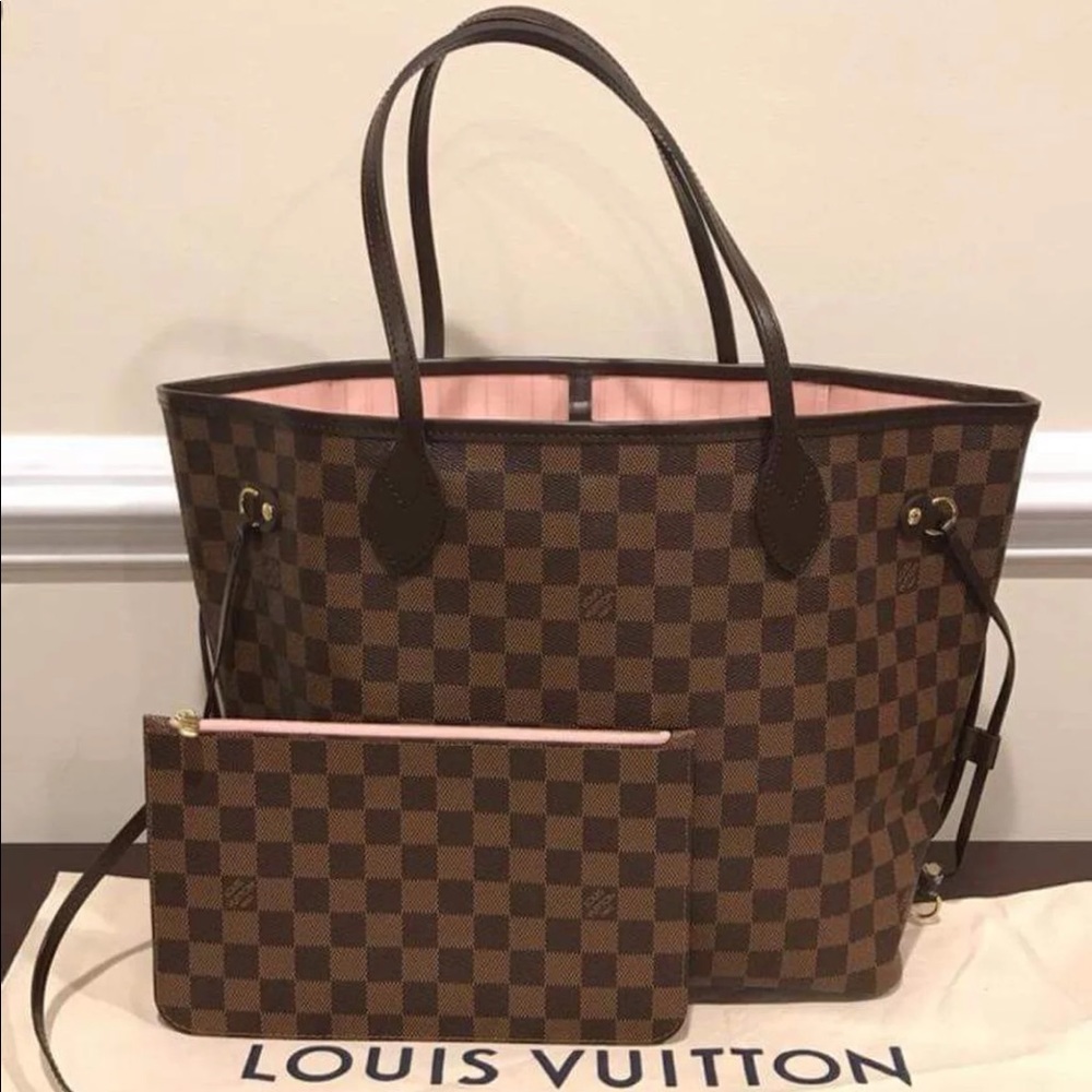 ‘18 Damier Ebene Neverfull MM Rose Ballerine Pouch